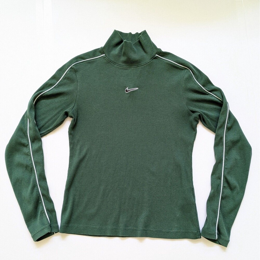 Nike Women's Small Ribbed Mock Neck Top Green Long Sleeve White Piping Cotton - Picture 2 of 10